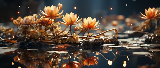 Water Lilies at Dusk: Twilight beauty, water lilies glowing, serene pond, nature's calm.