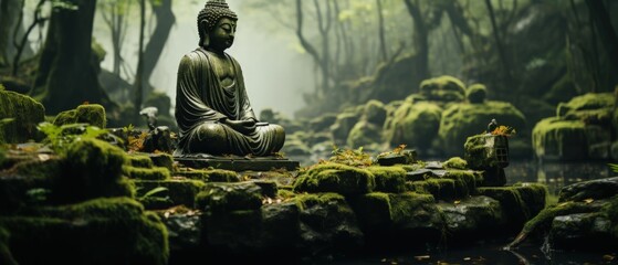 Zen Buddha in Misty Forest: Statue of Buddha in a tranquil forest setting, embodying meditation and the serenity of nature. - obrazy, fototapety, plakaty