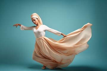 Fullbody portrait of a fictional traditional oriental woman dancing in a beautiful dress. Isolated on a plain blue background. Generative AI. - obrazy, fototapety, plakaty