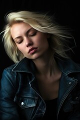 Fototapeta na wymiar Fictional blond haired model with leather jacket and jeans. Grunge rocker girl style. Generative AI.