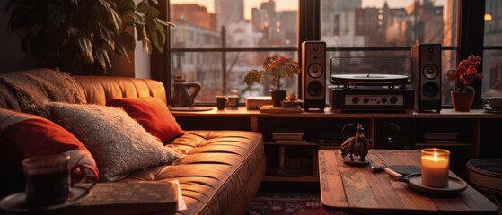 Urban Coziness. A warm, inviting living room at dusk offers a sense of comfort, homeliness, and the quiet joy of urban life's intimate spaces. - obrazy, fototapety, plakaty
