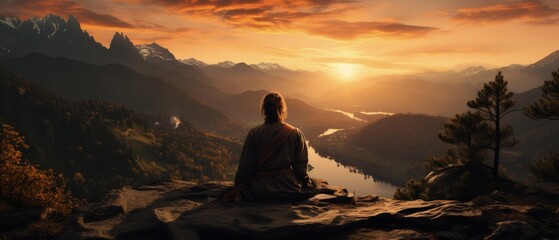 Sunset Contemplation. Individual overlooks a valley during sunset, reflecting on solitude, the grandeur of nature, and life’s journey.