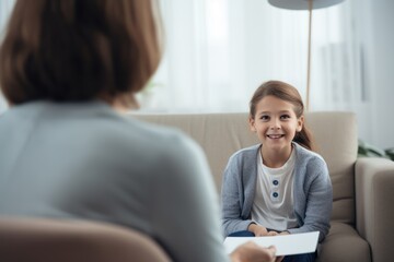 a young girl kid patient sitting and talking to psychologist about anxiety and concentration adhd disorder. psychologist listening to her client on psychotherapy session. Generative AI - obrazy, fototapety, plakaty