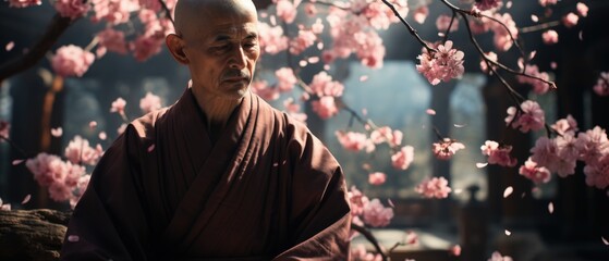 Monk in Spring: Contemplative monk among cherry blossoms, depicting inner peace and renewal. - obrazy, fototapety, plakaty