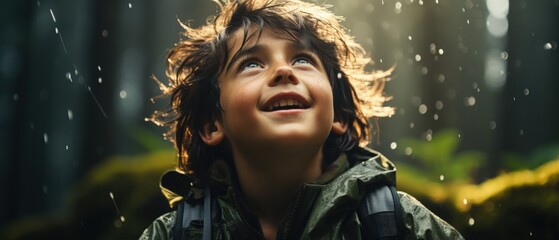 Child in Rainforest Wonder captures the joy and amazement of a young boy in nature, symbolizing innocence and exploration.