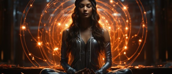 Fototapeta na wymiar Cyber Meditation Energy Flow shows a woman in a futuristic setting, meditating amidst energy circles, symbolizing inner peace and technology harmony.