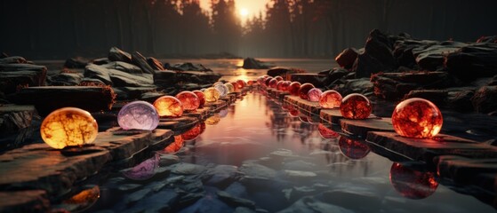 Autumnal Marbles Pathway depicts a magical trail of glowing marbles leading into a sunlit forest, evoking wonder.