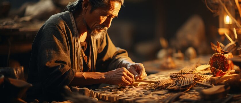 Diligent Craftsman at Work captures an artisan's intense focus as he meticulously carves wood, surrounded by a warm, ambient glow