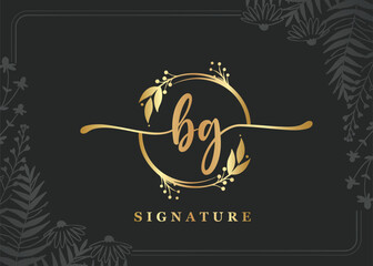 luxury gold signature initial bg logo design isolated leaf and flower