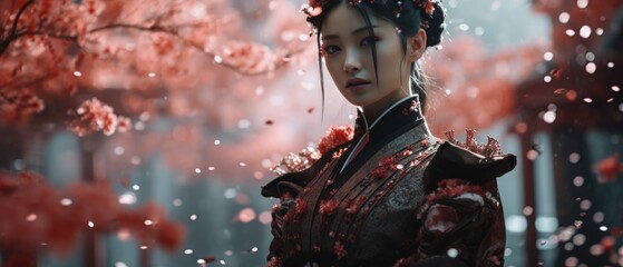 Enigmatic woman in traditional Chinese attire amidst cherry blossom trees, ethereal pink petals floating. - obrazy, fototapety, plakaty