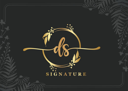 luxury signature initial ds logo design isolated leaf and flower