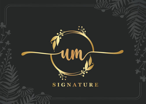 luxury gold signature initial um logo design isolated leaf and flower