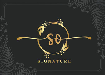 luxury gold signature initial so logo design isolated leaf and flower
