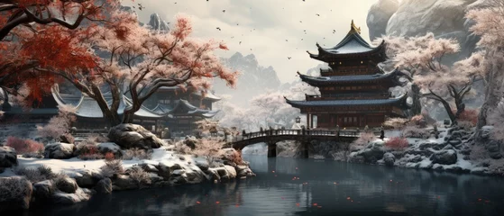 Poster Majestic snowy scene of ancient Asian temples near calm lake, crimson autumn trees, and snowy cliffs.   © ZenOcean_DigitalArts