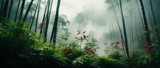 Mystical foggy forest with tall bamboo shoots, dense undergrowth, and vibrant red leaves.