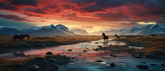 Dramatic twilight in rugged wilderness, wild horses wander near icy streams, snow-capped mountains under fiery sky.