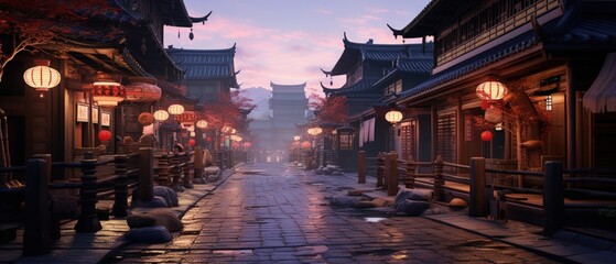 Atmospheric ancient Asian street at dusk, vibrant lanterns illuminate traditional architecture,...