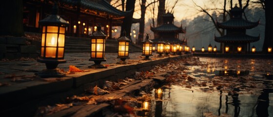 Traditional Asian temple by a tranquil pond at dusk, illuminated lanterns on wooden planks, serene...