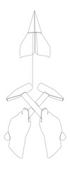 One continuous line of Paper Airplane with Hammer. Thin Line Construction Illustration vector concept. Contour Drawing Creative ideas.