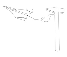 One continuous line of Paper Airplane with Hammer. Thin Line Construction Illustration vector concept. Contour Drawing Creative ideas.