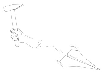 One continuous line of Paper Airplane with Hammer. Thin Line Construction Illustration vector concept. Contour Drawing Creative ideas.