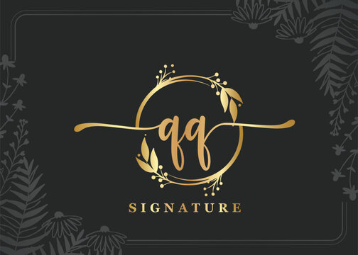 luxury gold signature initial qq logo design isolated leaf and flower