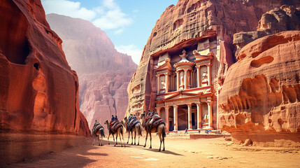 Petra in Jordan with camels in the foreground - obrazy, fototapety, plakaty