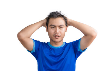 Young man touching his head and keeping eyes closed isolated on white background,  suffering from severe headache or migraine pain while working, crisis, problem, and mistake, Feeling stressed