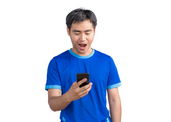 Happy man cheering excitedly in celebration after good news. Excited guy winner holding cellphone winning game online or investing trading, using mobile app celebrates victory success