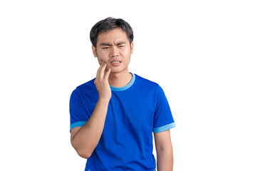 Young Asian man touching mouth suffering from toothache or dental illness on teeth isolated on...