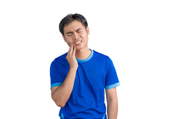 Young Asian man touching mouth suffering from toothache or dental illness on teeth isolated on white background. Male feeling pain, holding his cheek with hand, suffering from bad toothache. Dentist