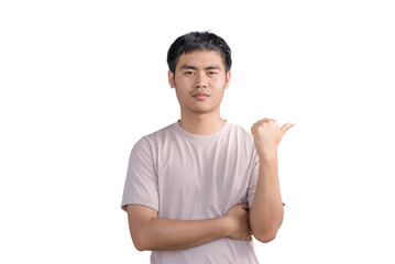 Young handsome man showing thumb down with negative expression over isolated white background