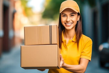 Delivery woman carrying boxes, a happy female courier holding packages, providing an efficient and reliable shipping service for customers