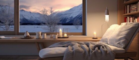 Cozy Interior Design with Snowy Mountain View, Candles, and Relaxation Space, Creating a Warm and Inviting Atmosphere for Comfort and Serenity