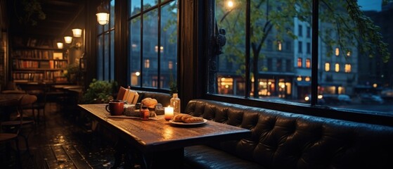 Intimate urban cafe interior during a rainy night, featuring a wooden table set with pastries and a hot drink.

