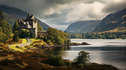 Fototapeta na wymiar Scottish Highlands with a loch and a castle