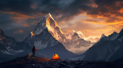 Himalayas with a base camp and climbers