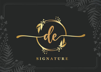 luxury gold signature initial de logo design isolated leaf and flower
