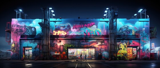 Nighttime view of a colorful graffiti-clad urban building illuminated with neon lights, showcasing artistic expressions in a metropolitan setting.

