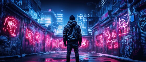 Silhouetted figure stands in neon-lit cyberpunk city street with intricate graffiti, futuristic urban setting.