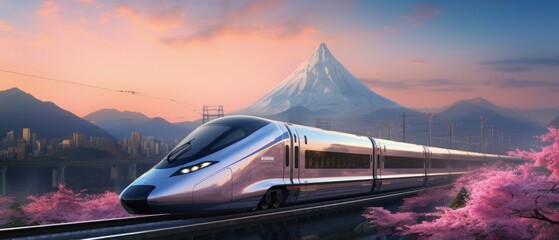 Futuristic train moving swiftly with Mount Fuji backdrop, surrounded by pink cherry blossoms during sunset. - obrazy, fototapety, plakaty