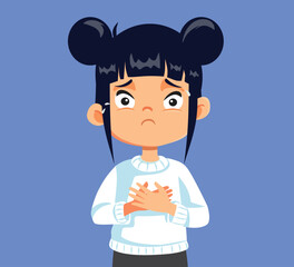 Sad Girl Having Chest Pains Vector Medical Cartoon Illustration. Little child complaining about heart problems at a young age 
