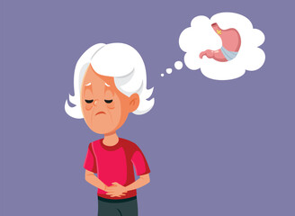 Sick Senior Woman Suffering from Stomachache Vector Cartoon Illustration. Unhappy elderly person complaining about abdominal pain
