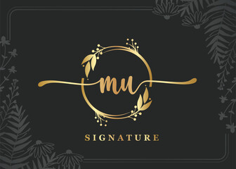luxury gold signature initial mu logo design isolated leaf and flower