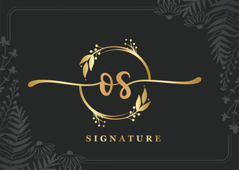 luxury gold signature initial os logo design isolated leaf and flower