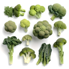 Delicious Broccoli Bunch variations on a white background