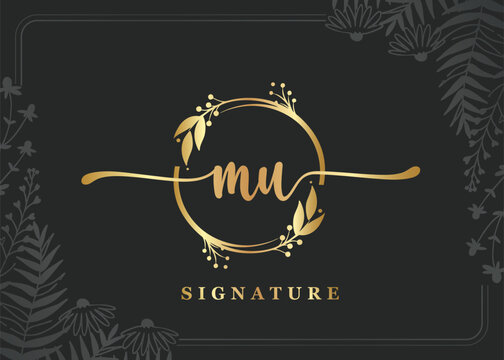 luxury gold signature initial mu logo design isolated leaf and flower