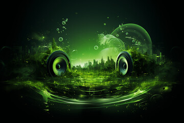 Sound Multimedia Soundsystem Hifi Audio Soundbox Lautsprecher Membran abstrakt grün Style im Querformat. Generative Ai. 