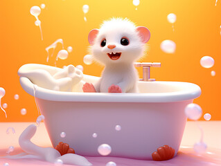 A Cute 3D Ferret Taking a Bath in a Bathtub against a Solid Color Background | Generative AI