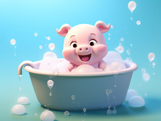 A Cute 3D Pig Taking a Bath in a Bathtub against a Solid Color Background | Generative AI